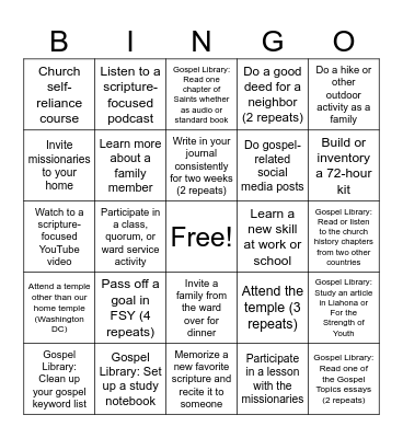 Springfield Ward - Adult Bingo Card