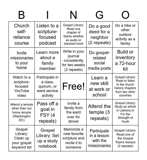 Springfield Ward - Adult Bingo Card