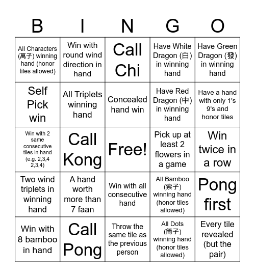 Mahjong Bingo Card
