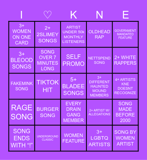 KNE Monthly Mix – February Bingo Card