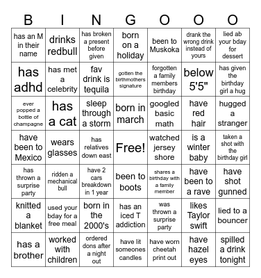Morgans Birthday Bingo Card