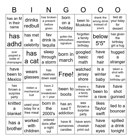 Morgans Birthday Bingo Card
