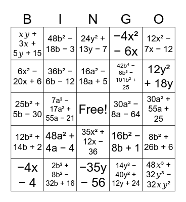 Polynomial Multiplication Bingo Card