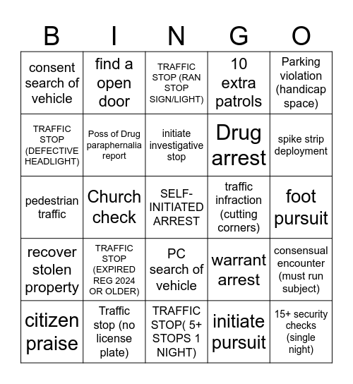 KSO Patrol bingo Card