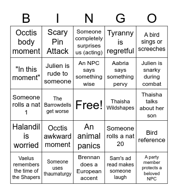 CR Seekers Table Bingo Card