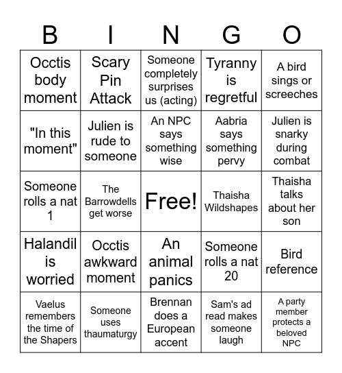 CR Seekers Table Bingo Card