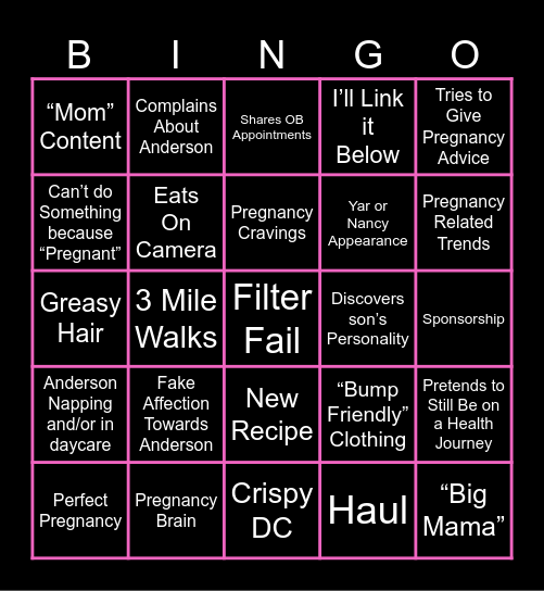 Big Dookers Pregnancy Bingo Card