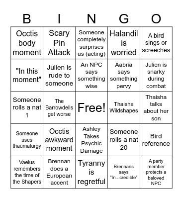 CR Seekers Table Bingo Card