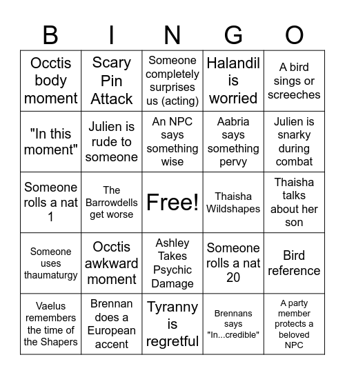 CR Seekers Table Bingo Card