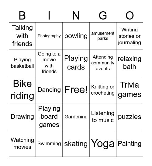 Leisure Bingo Card