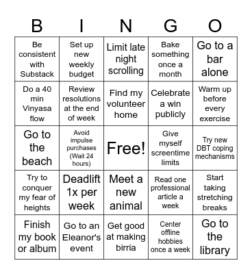 New Year's Resolutions Bingo Card
