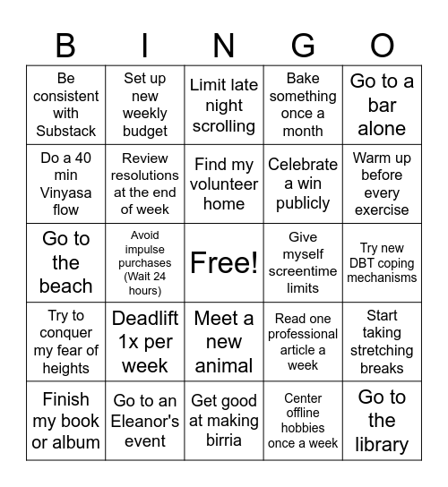 New Year's Resolutions Bingo Card