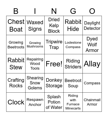 Minecraft Forgotten Bingo Card