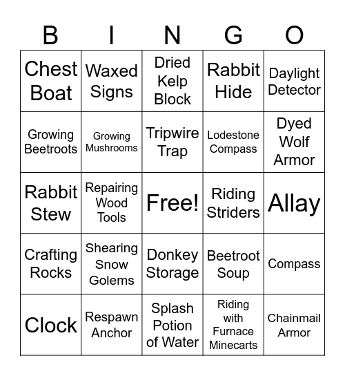 Minecraft Forgotten Bingo Card