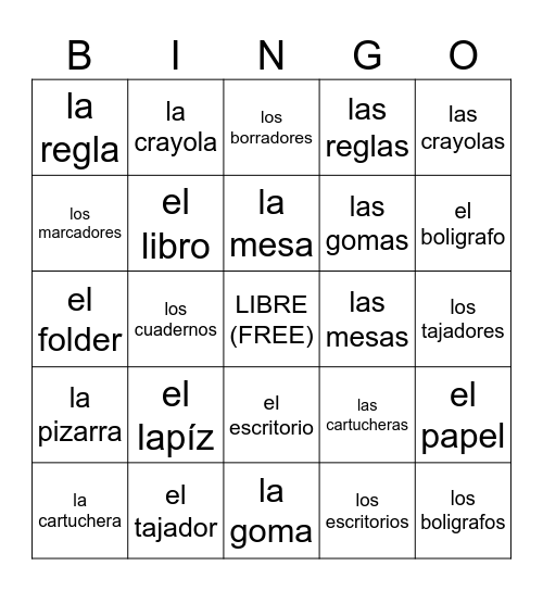 objetos de la escuela Bingo Card