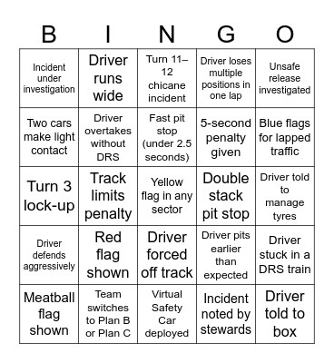 F1 Events Bingo Card