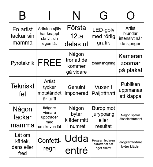 Melodifestivalen 2026 Bingo Card