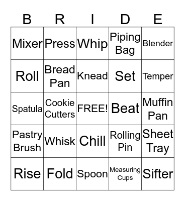 Bridal Bake-Off Bingo Card