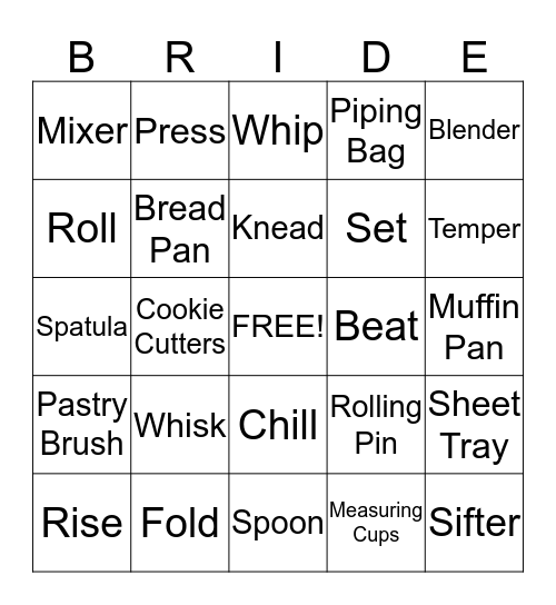 Bridal Bake-Off Bingo Card