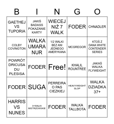 UFC WHITE HOUSE Bingo Card