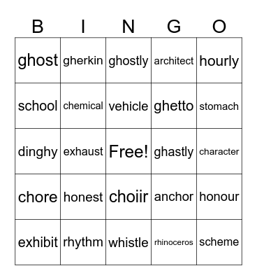 silent h words upper KS2 Bingo Card