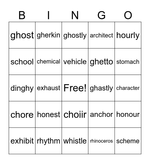 silent h words upper KS2 Bingo Card