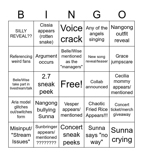 AOD Debut Stream Bingo Card