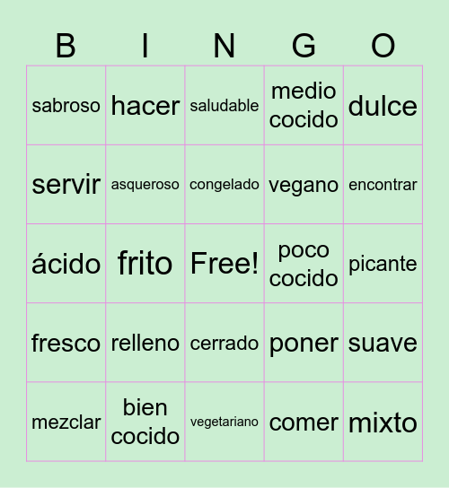 Gastronomía: Adjetivos y Verbos Bingo Card