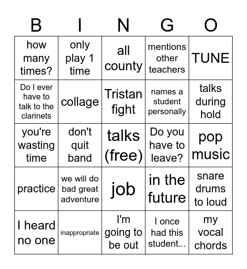 MHS BAND: PERTI SAYS: Bingo Card