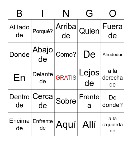 P 7. Direction Words BINGO Card