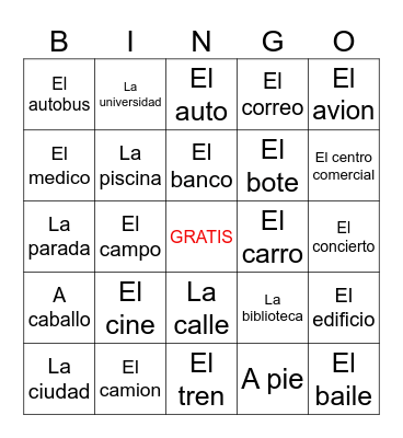 P 8. PLACES & TRANSPORTATIONS BINGO Card