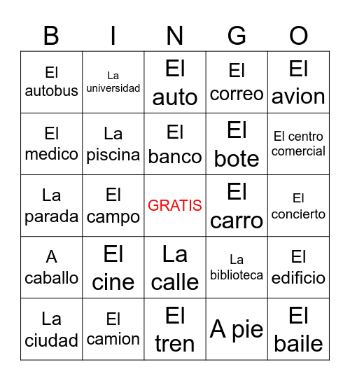 P 8. PLACES & TRANSPORTATIONS BINGO Card