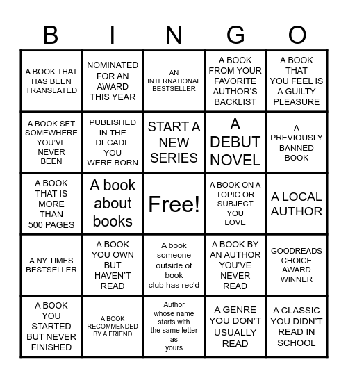 Book Club Bingo Card