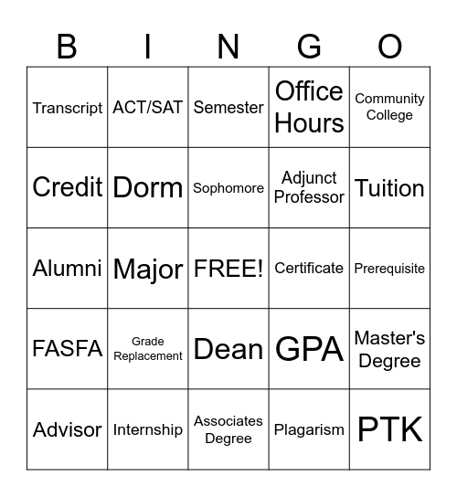 College Terms Bingo Card