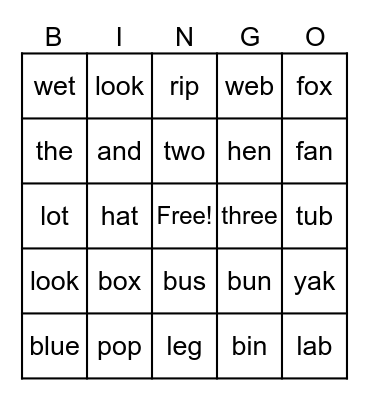 Phonics Bingo (CVC Words/ Sight Words) Bingo Card