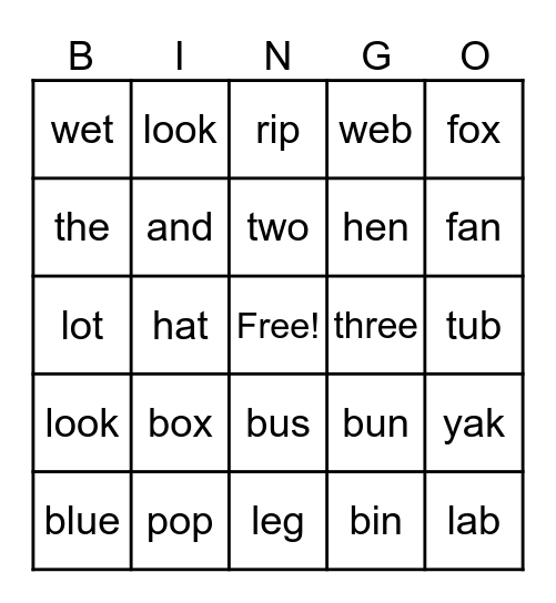 Phonics Bingo (CVC Words/ Sight Words) Bingo Card