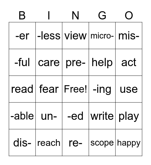 Morphology Bingo Card