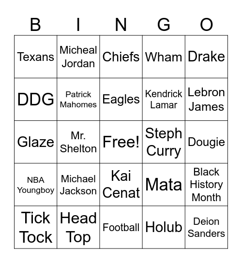 Shelton Bingo Card