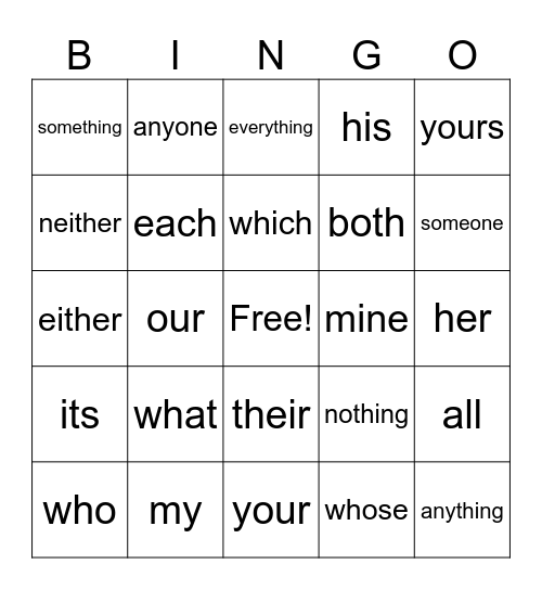 Grammar Bingo Card
