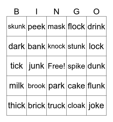 /k/ ending sounds Bingo Card