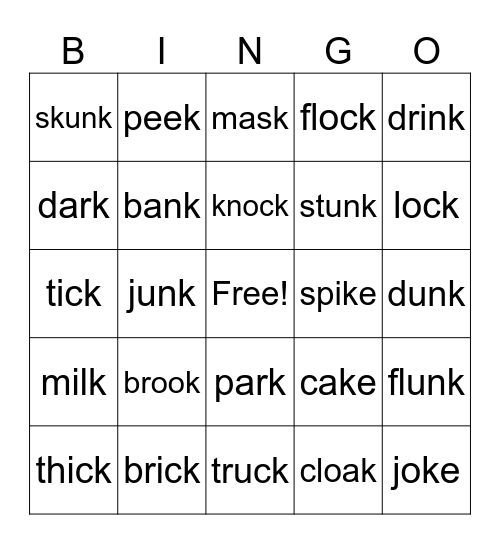 /k/ ending sounds Bingo Card