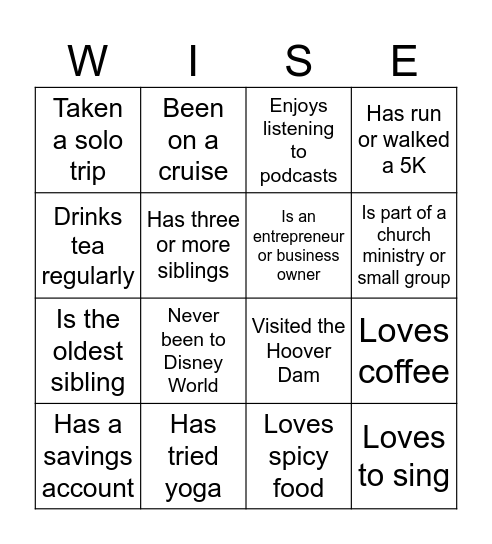Women, Wealth & Wisdom Bingo Card