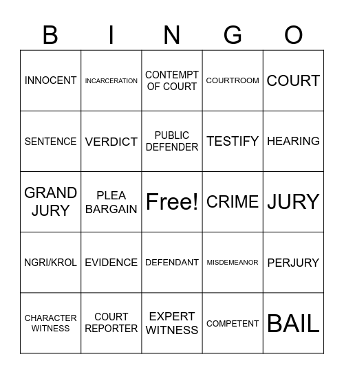 Legal Vocab Bingo Card