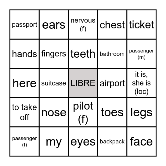 Airport and Body Vocabulary Bingo Card