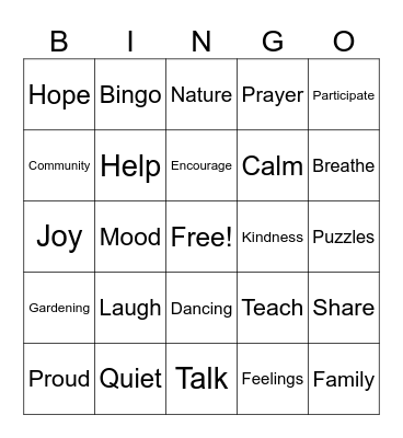 Mental Health Bingo Card