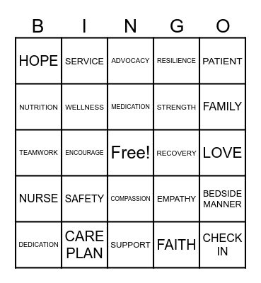 CAREGIVER BINGO Card