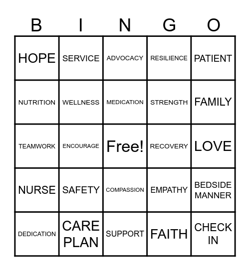 CAREGIVER BINGO Card