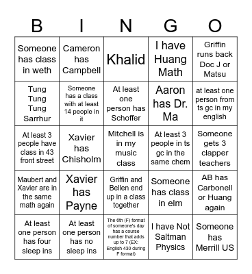 Spring Term Schedule Bingo Card