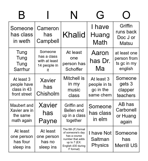 Spring Term Schedule Bingo Card