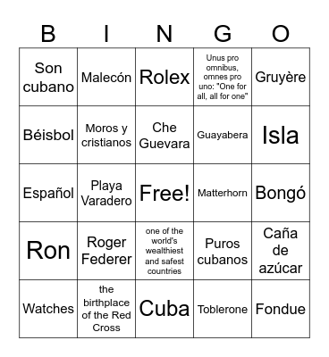 Facts about Switzerland & Cuba Bingo Card